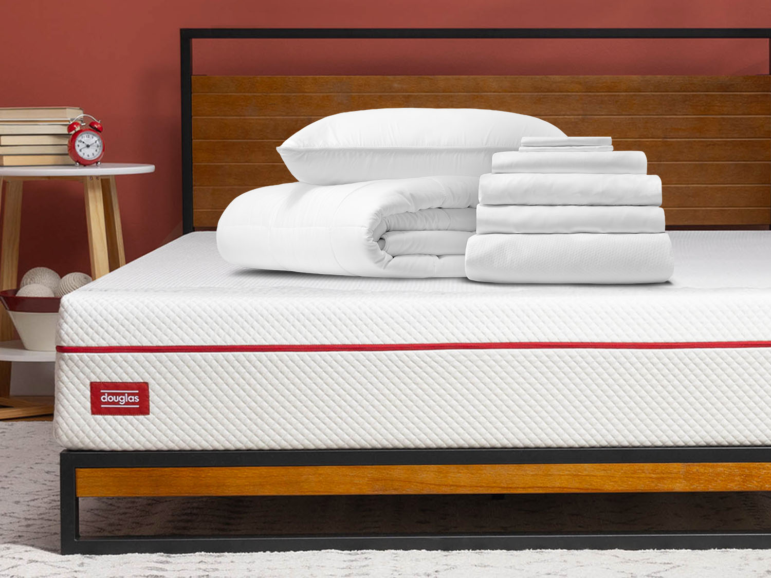 Comfort Sleep Bundle items on top of a Douglas mattress