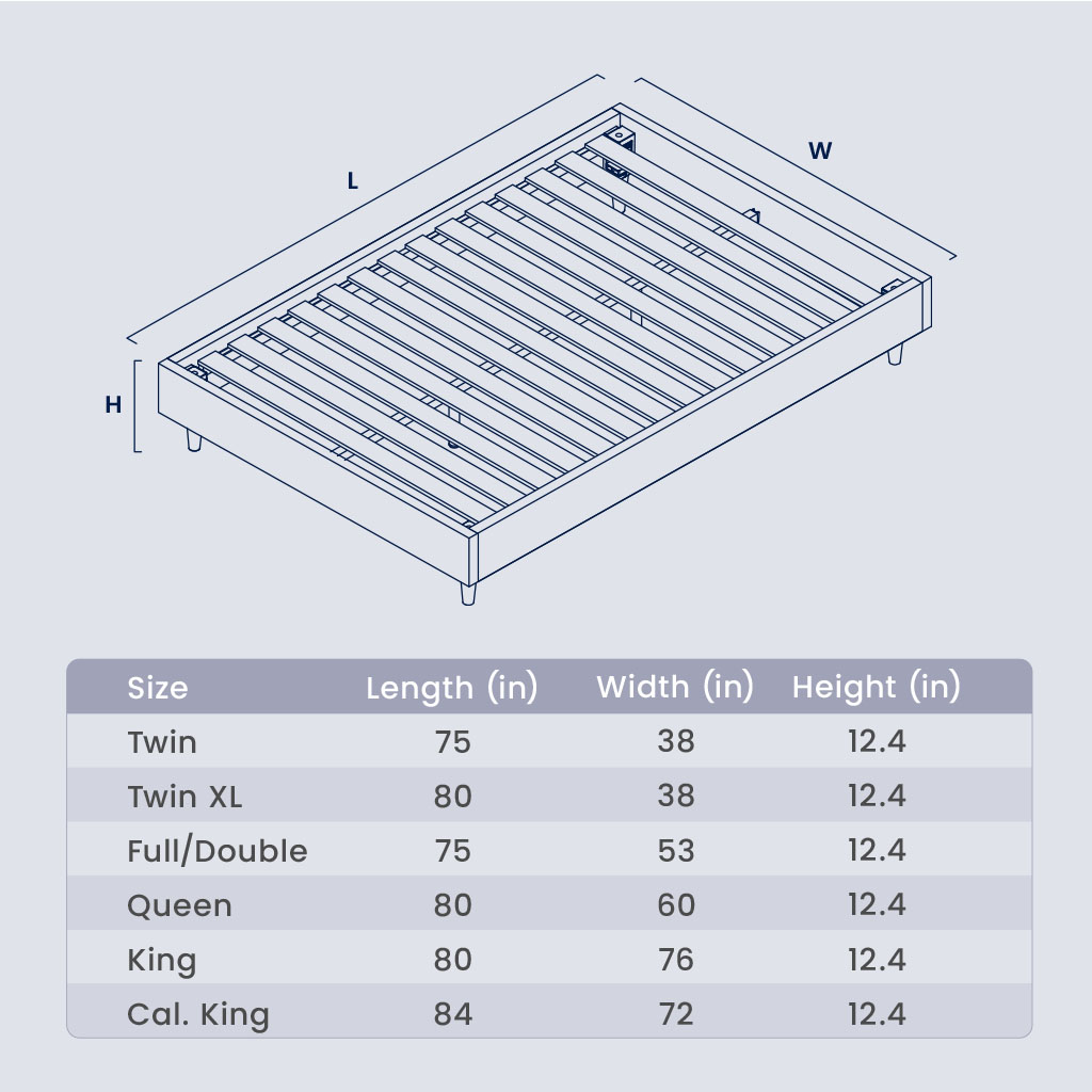 Dimension specifications of the platform bed frame in 6 sizes