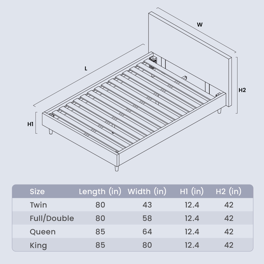 Dimension specifications of the bed frame in four sizes