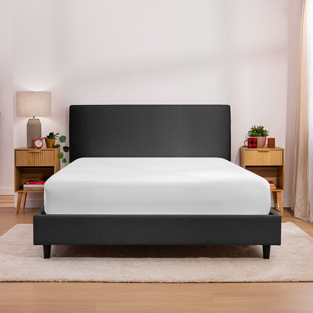 Charcoal upholstered bed frame with mattress