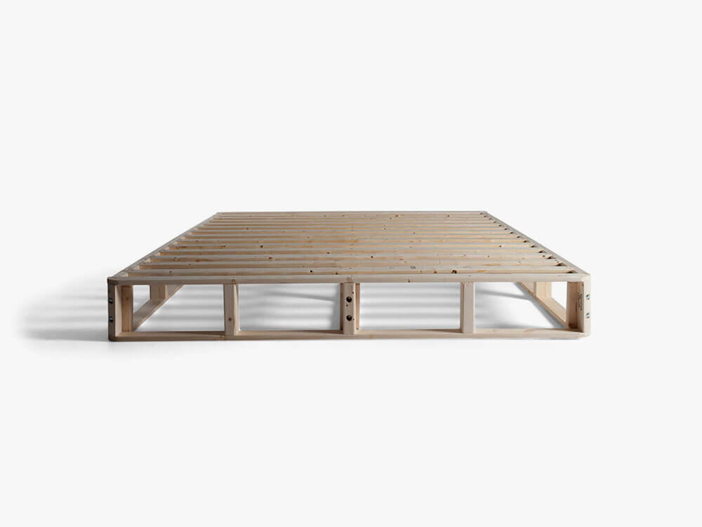 Front of the wood frame of a GoodMorning.com mattress foundation