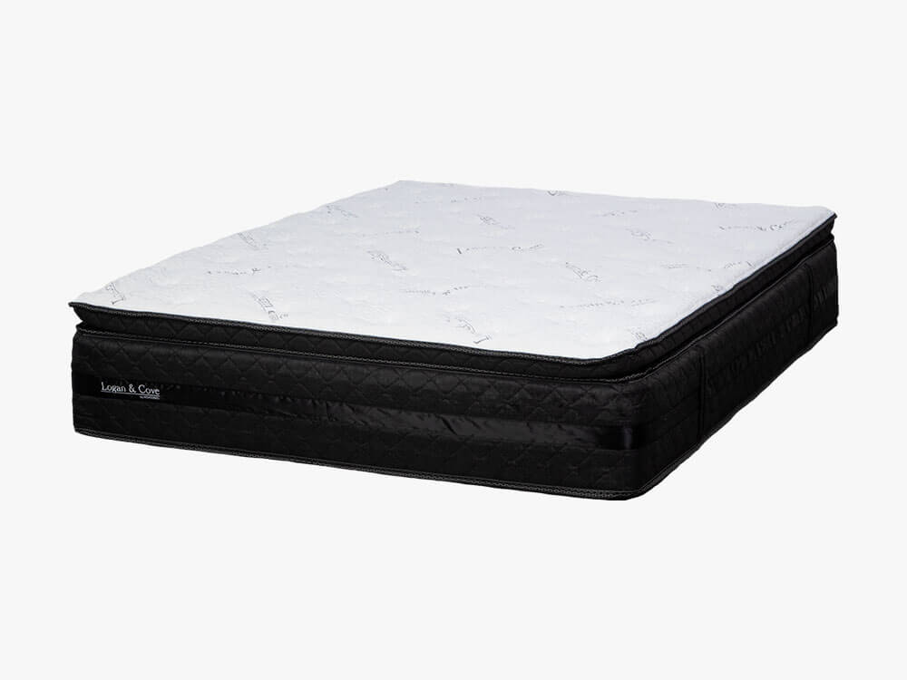 Logan & Cove luxury pillow-top hybrid mattress on a white backdrop as seen from the front right corner