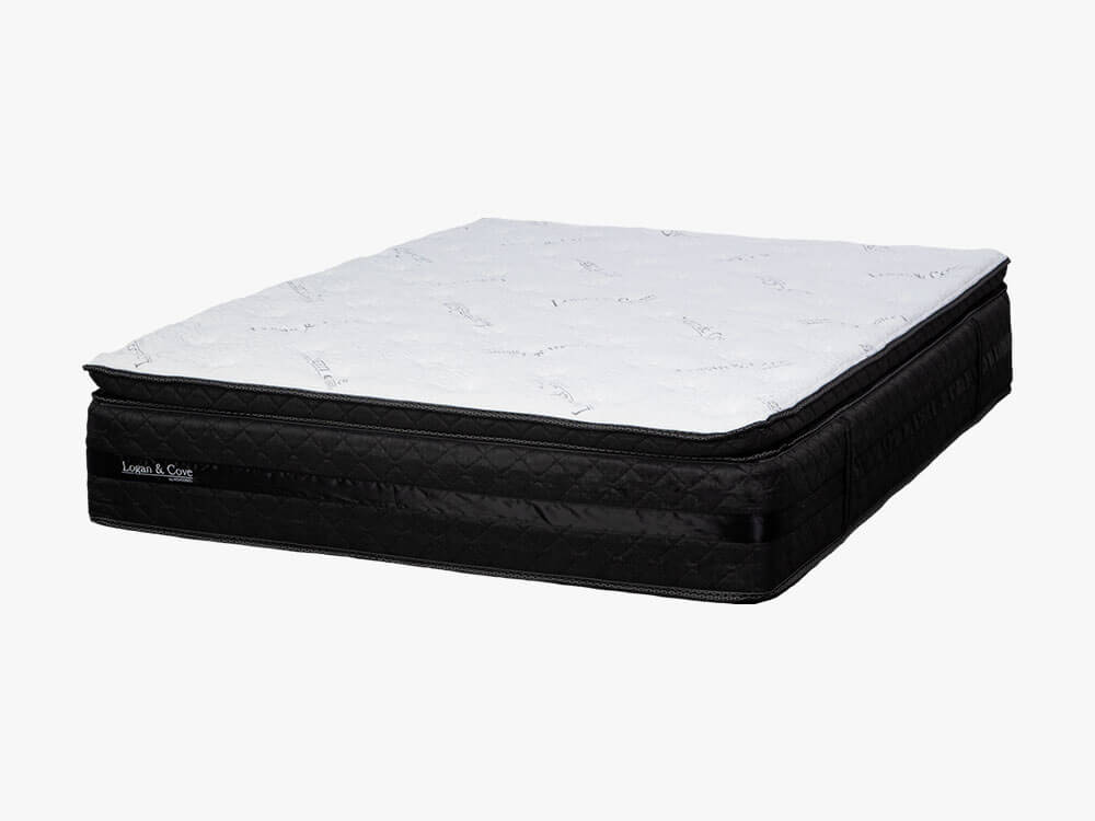 Logan & Cove Hybrid Mattress (Corner) | GoodMorning.com Logan & Cove luxury pillow-top hybrid mattress on a white backdrop as seen from the front right corner